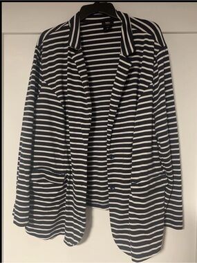 Womens Navy White Striped Knit Blazer Cardigan Size 4XL- Y2K